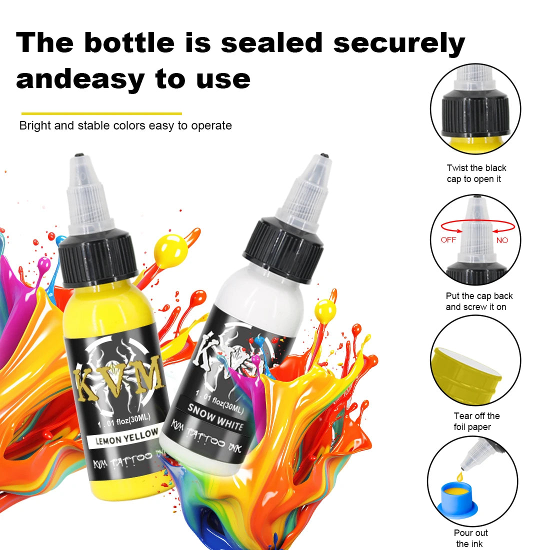 A bottle of KVM tattoo ink in lemon yellow and snow white is shown with colorful liquid spills and a diagram illustrating how