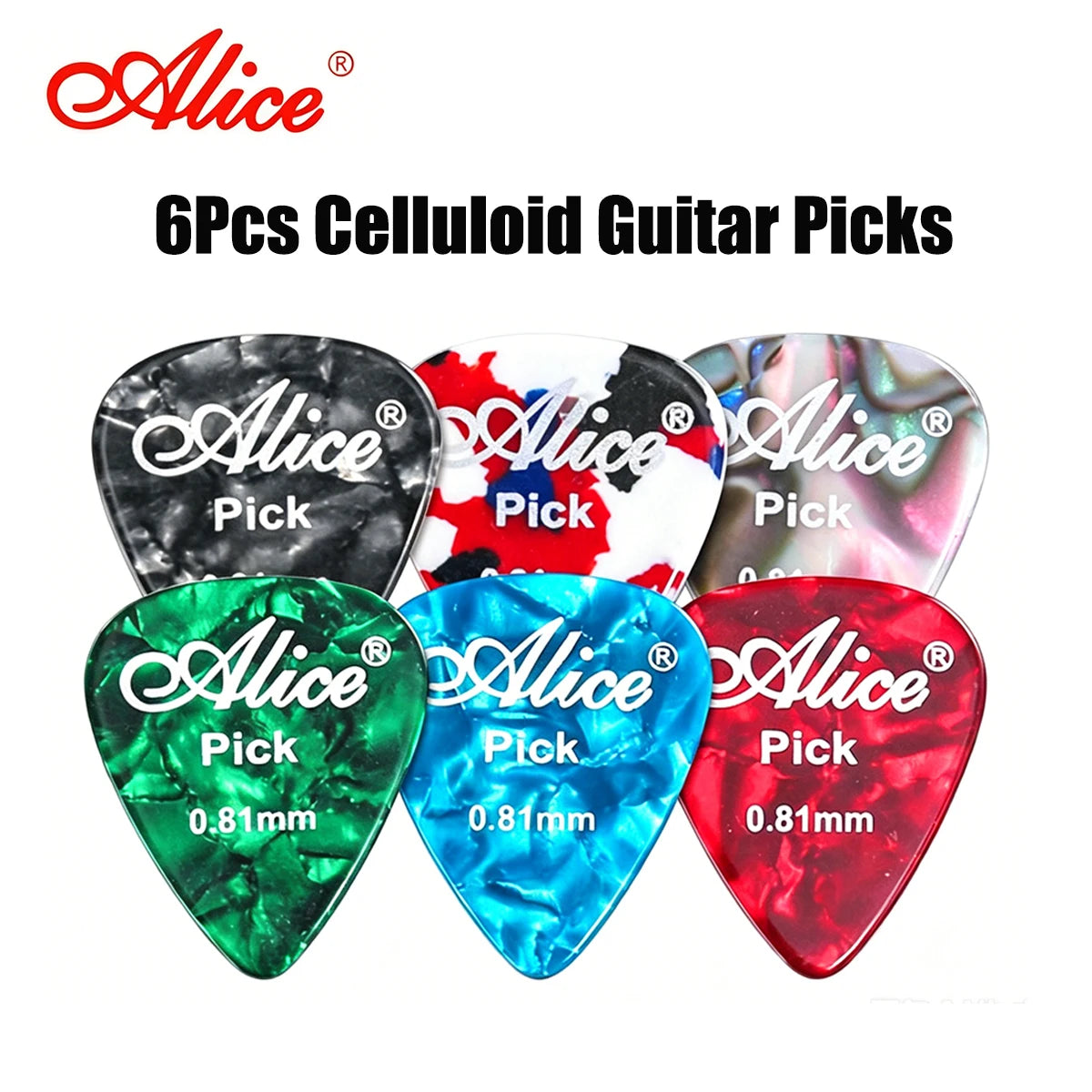 A set of six celluloid guitar picks in various colors including black, red, green, and blue.