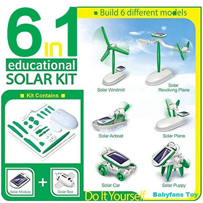 A set of six educational solar models including a windmill, revolving plane, airplane, plane, and puppy toy for kids