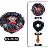 A set of mini gyroscope launchers featuring a red and black spinning toy with various components.