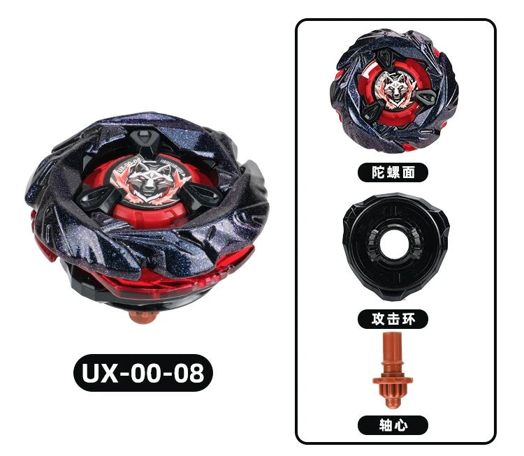 A set of mini gyroscope launchers featuring a red and black spinning toy with various components.