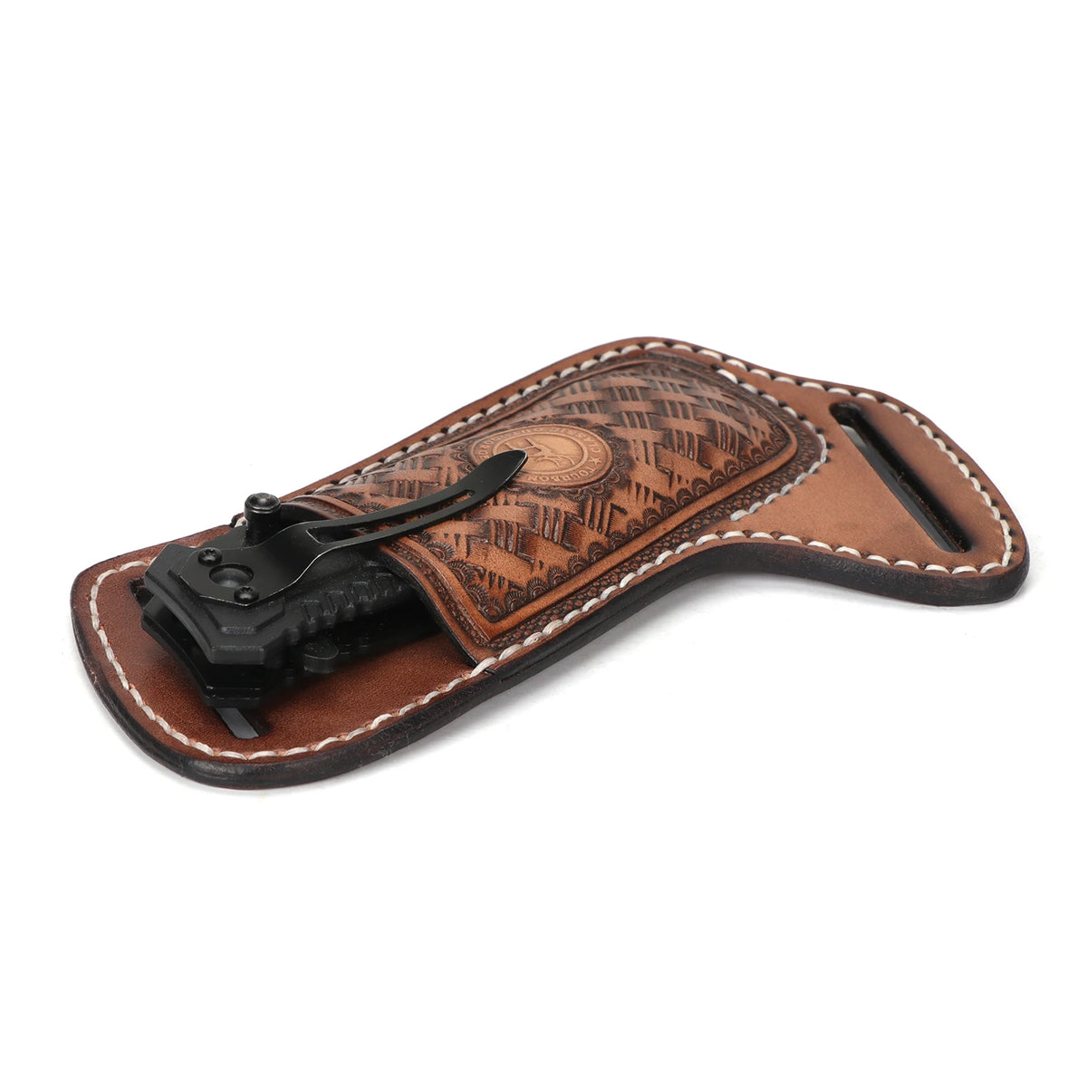 A handcrafted brown leather knife sheath with a belt loop for folding knives.