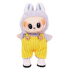 A plush doll resembling a rabbit wearing purple and yellow striped strap pants