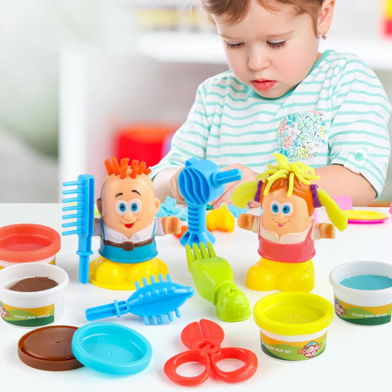 A child is playing with a color dough haircut playset featuring various plastic tools and hair accessories.