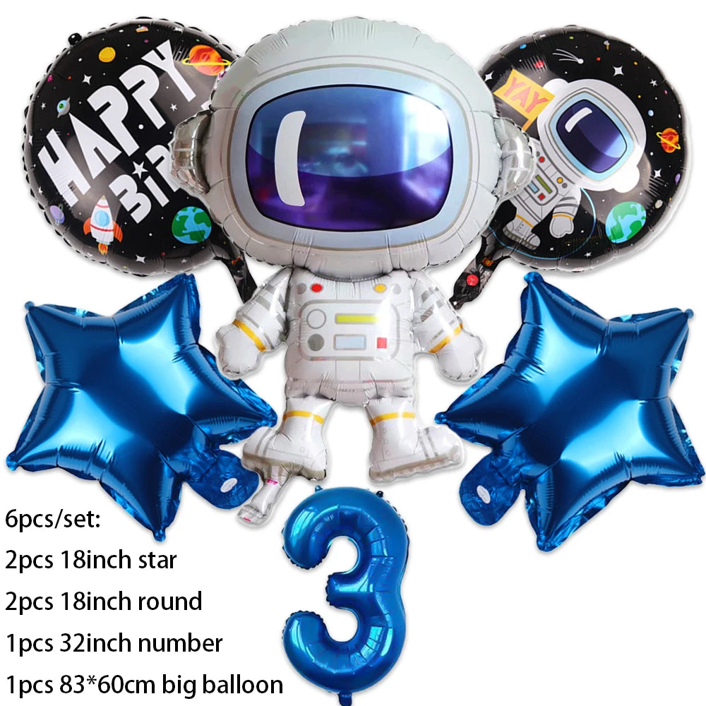 Outer space astronaut party décor set featuring a helmet, space suit, and various sized balloons
