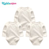A white cotton baby bodysuit 3-pack with long sleeves displayed flat.