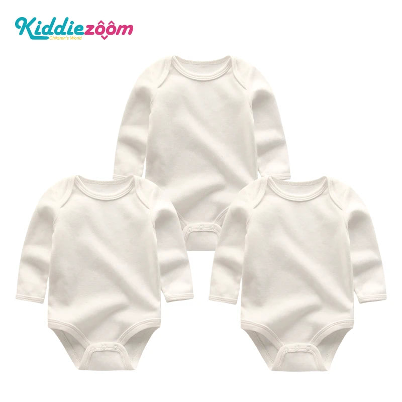 A white cotton baby bodysuit 3-pack with long sleeves displayed flat.