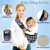 A woman is wearing an adjustable baby sling carrier with a padded bell and safety buckle, demonstrating its use for carrying 