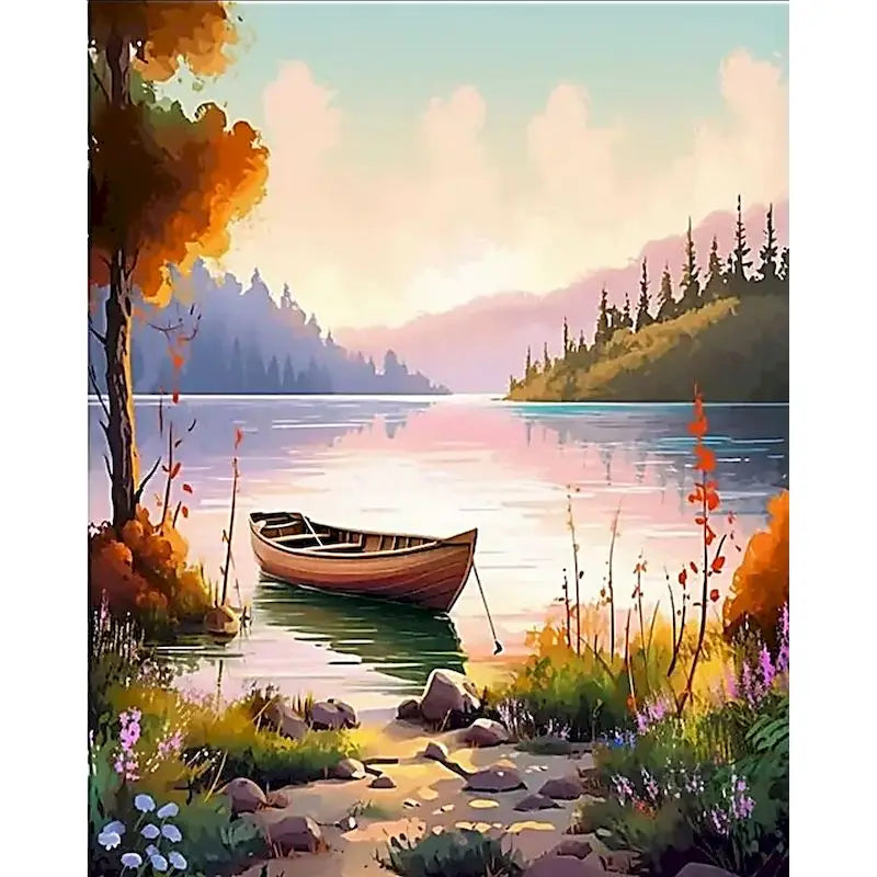 A painting depicting a serene landscape with a wooden boat on calm water and forested hills under a soft sky.