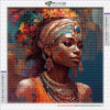 Diamond painting kit featuring a portrait of an African woman with intricate jewelry and floral headpiece.