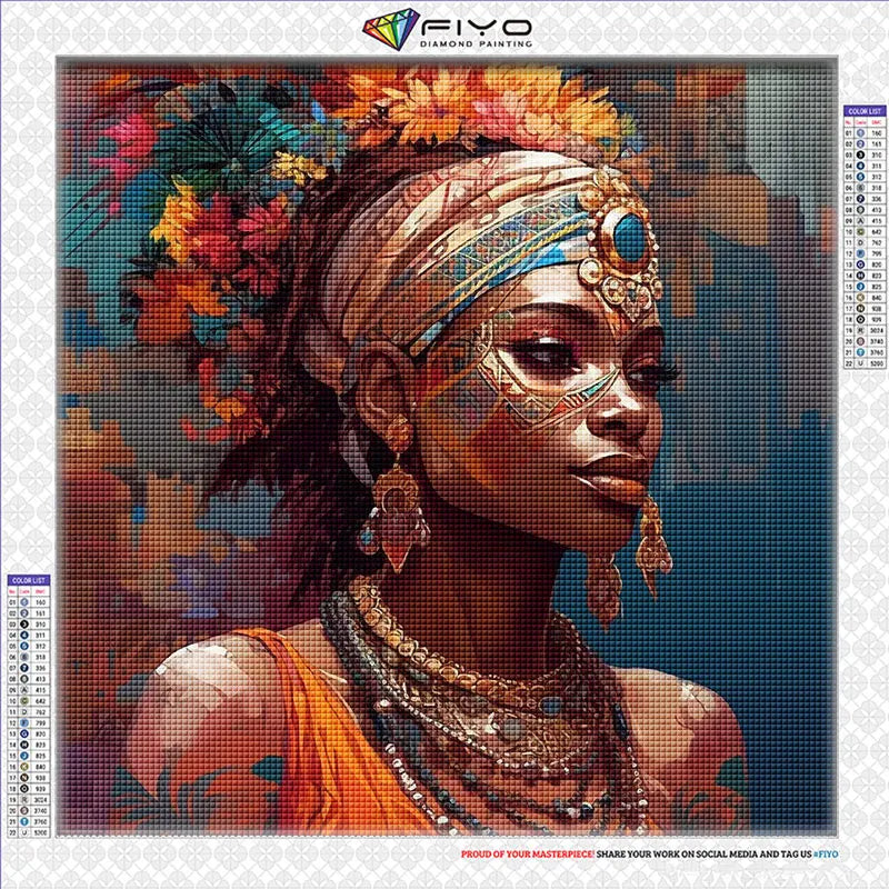 Diamond painting kit featuring a portrait of an African woman with intricate jewelry and floral headpiece.