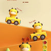 A yellow animal car toy with a head that can rotate 360 degrees, shown in various orientations.