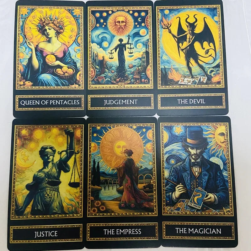 A set of five tarot cards featuring various figures and symbols like the Queen of Pentacles, Judgment, The Devil, Justice, Th