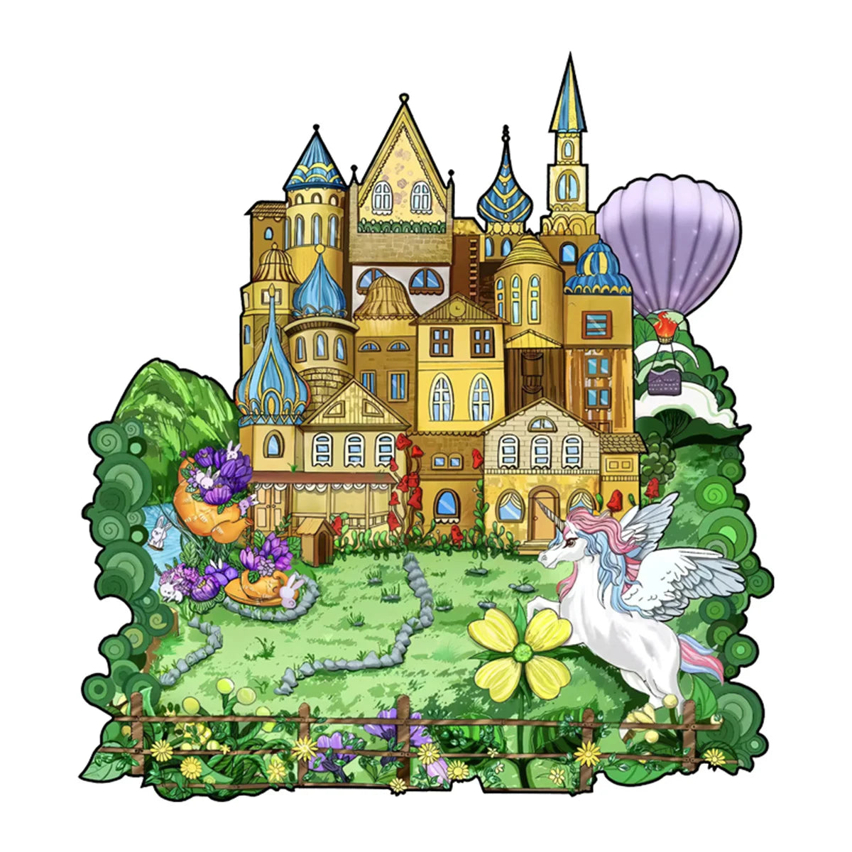 A colorful wooden animal puzzle set featuring a castle, flower, cat, and bee 3D jigsaw for kids and adults.