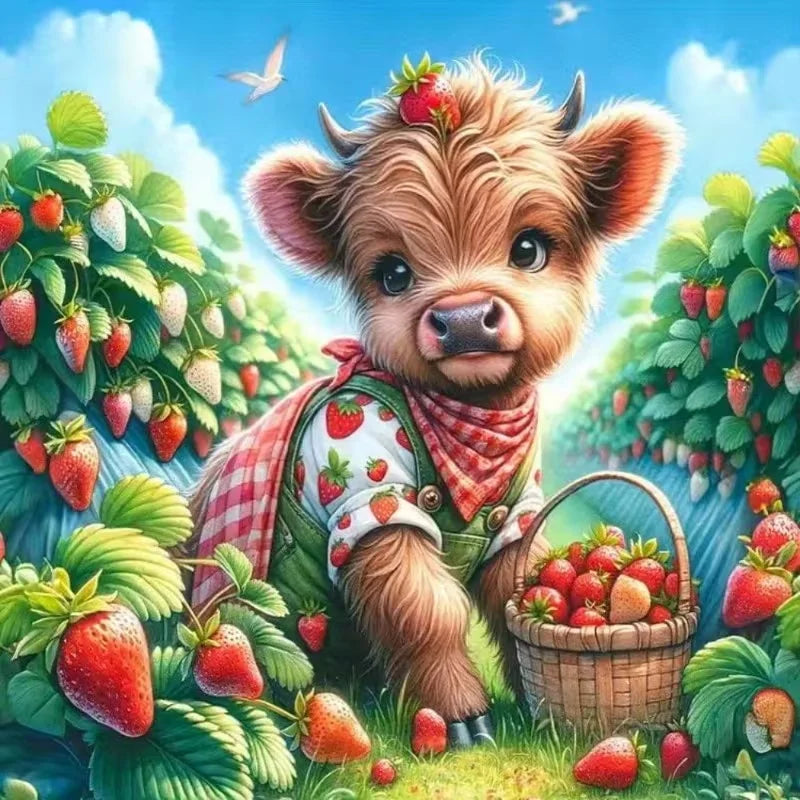 A cute, fluffy brown piglet with pink nose and ears surrounded by lush green strawberry plants.