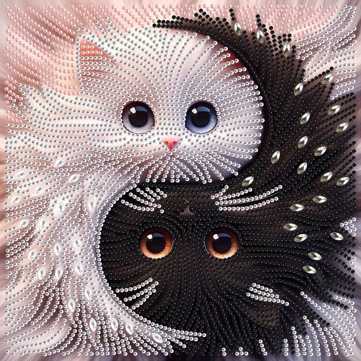 Diamond painting of a yin yang cat face, featuring white and black patterns.