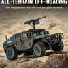 A black 1:12 scale RC off-road climbing vehicle is positioned on a rock, ready for terrain play.