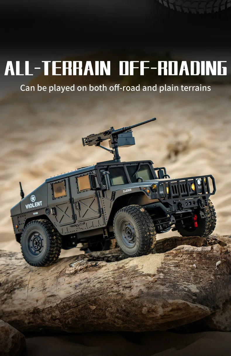A black 1:12 scale RC off-road climbing vehicle is positioned on a rock, ready for terrain play.