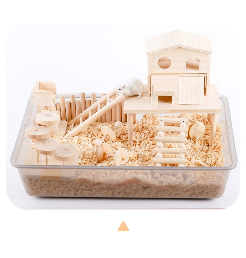 A wooden bird climbing play gym toy featuring a house structure and a ladder built into a sandbox environment.