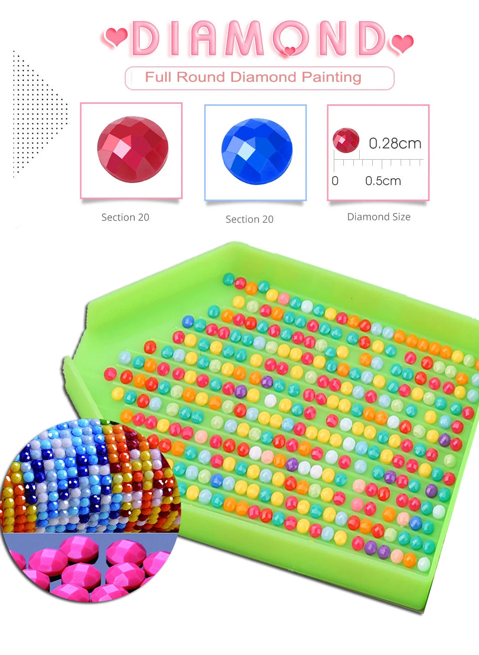 A green tray filled with colorful plastic diamonds for a diamond painting kit featuring Van Gogh and Mucha art.
