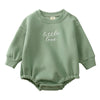 A sage green embroidered cotton baby romper for boys and girls.