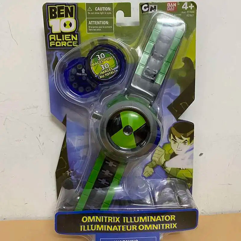 A packaged Ben 10 Omnitrix Illuminator projector watch toy with green and blue accents.