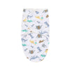 A white cotton newborn swaddle blanket and hat set featuring various animal designs.
