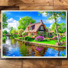 A scenic painting of a traditional Dutch village house with a thatched roof, surrounded by lush greenery and a flowing canal.
