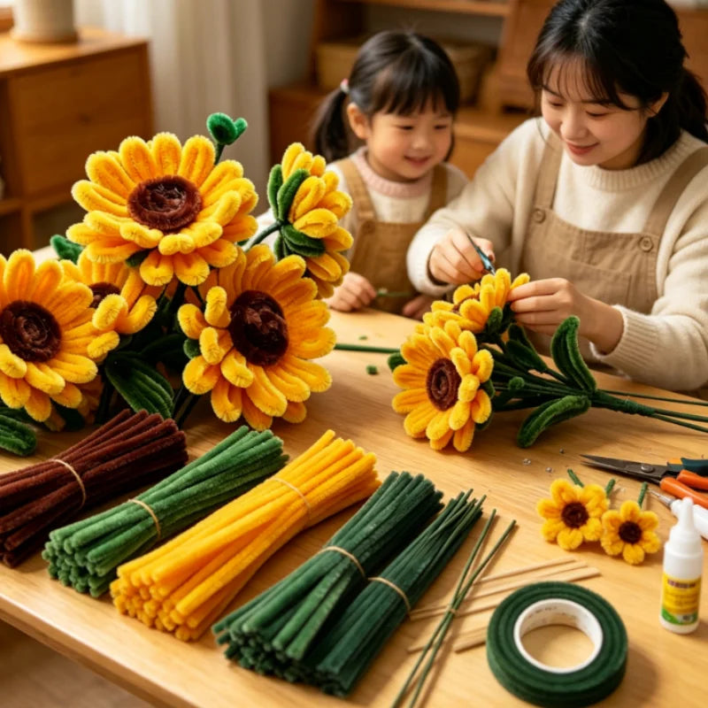 A craft kit showing yellow and green pipe cleaners used to create a tulip and rose bouquet.