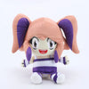 A soft collectible doll plush toy with pink hair and purple accents wearing a striped outfit.