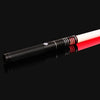 Black lightsaber with a red and white glowing blade shown against a dark background