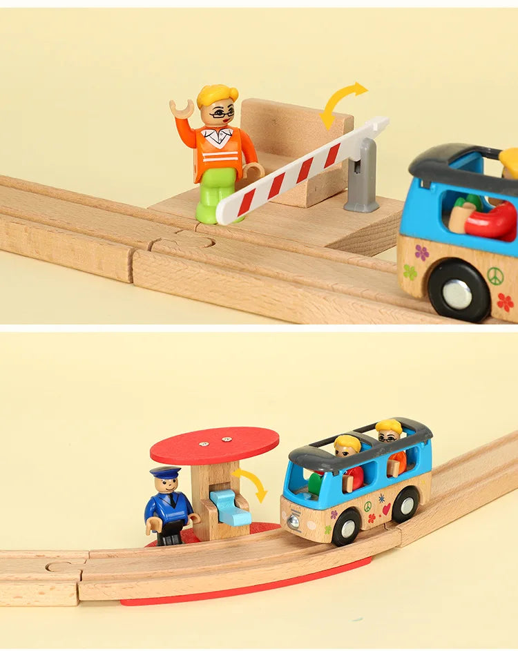 A wooden train track accessory set featuring a yellow figure and a blue train car on a light wood track.