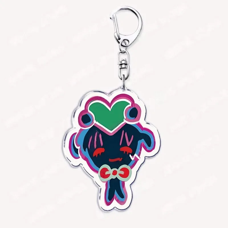 Acrylic keychain featuring a cute chibi character with green and purple accents.