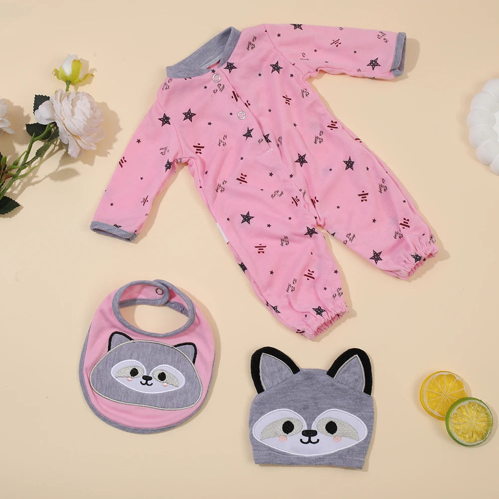 A pink star-patterned long-sleeved romper and matching animal ears for a baby doll set.