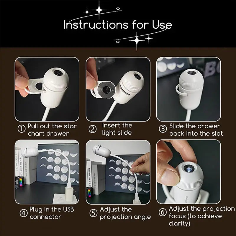 Instructions for use showing steps to set up and adjust a projector night light device