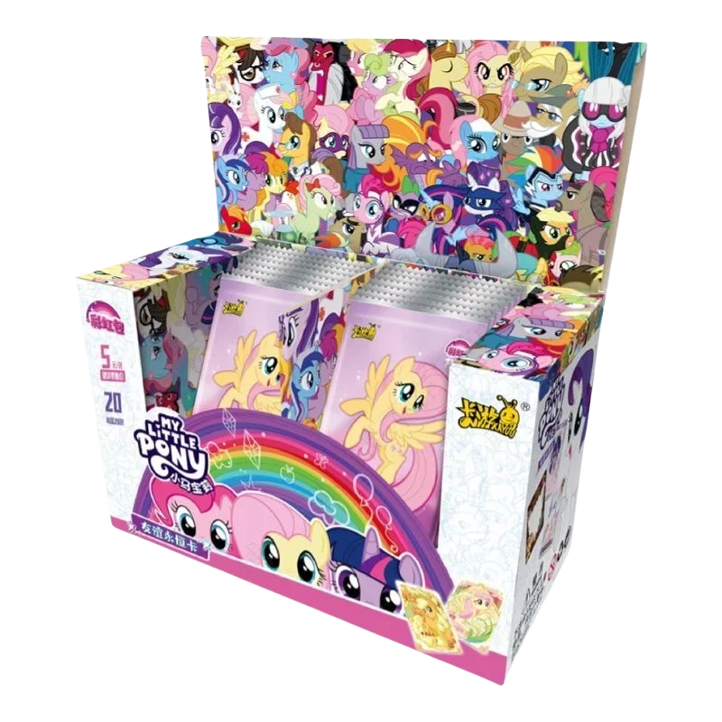 A box of My Little Pony Friendship Is Forever Shining Moon collectible cards featuring various pony characters.