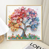 Diamond art painting of a vibrant, colorful tree with pink, orange, and blue blossoms on a white background.
