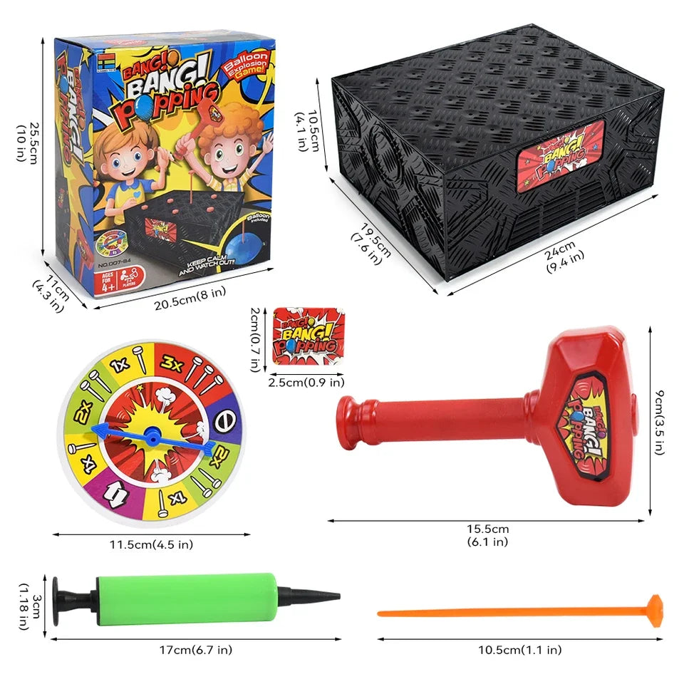 A set of party games including a box, a poping toy, and a plastic pop gun.