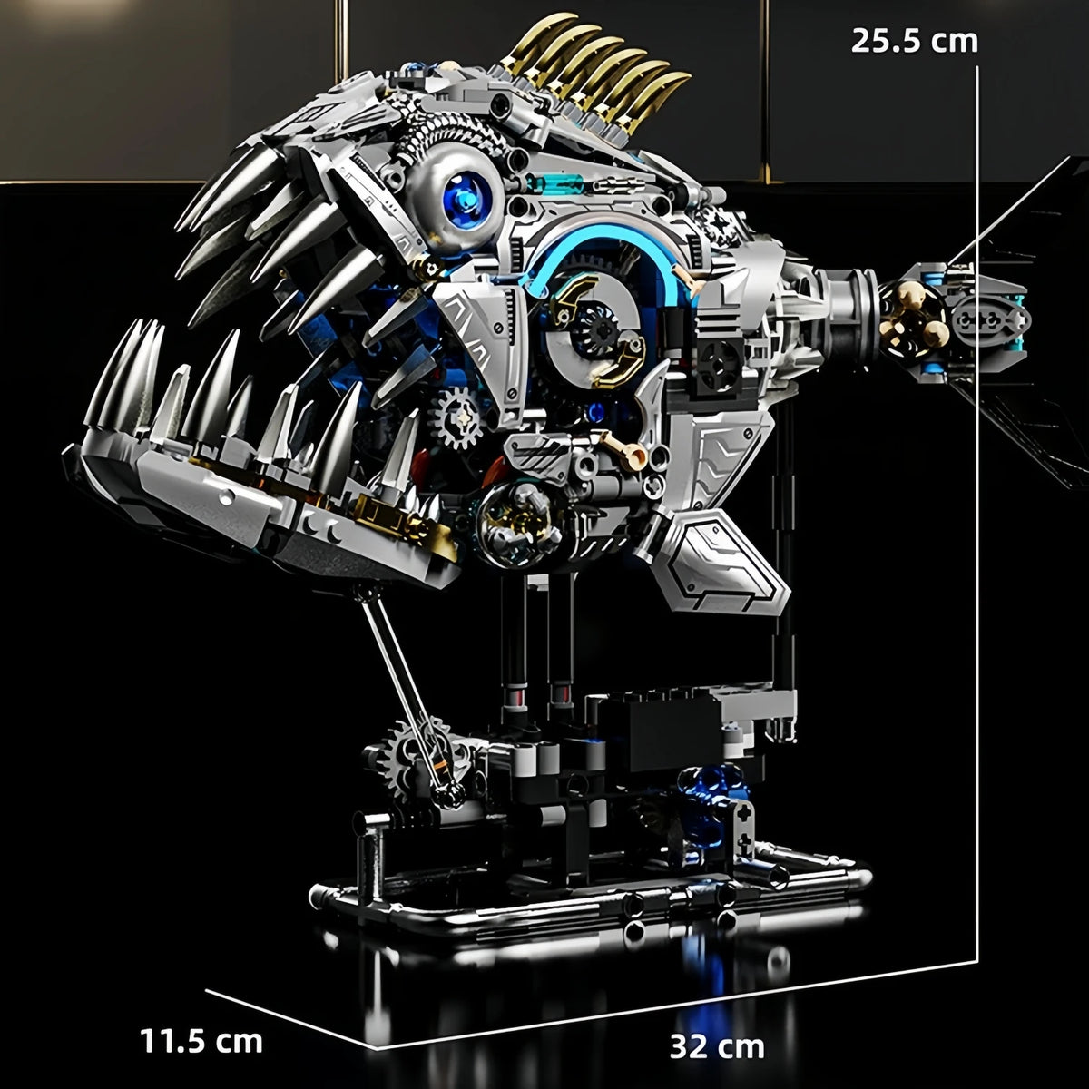 A detailed mechanical model kit of a dragonfly, featuring intricate silver and blue components on a black base.