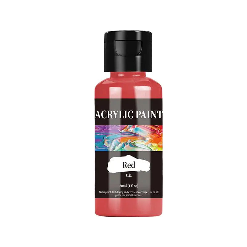 A bottle of red acrylic paint with a black cap and label for craft projects.