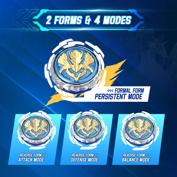A graphic showing 2 forms and 4 modes of a Metal Spinning Top Sword Launcher toy with various blue and gold accents.