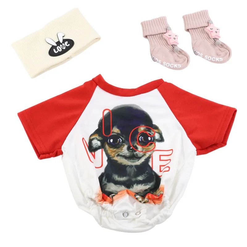 A red and white dress featuring a dog-themed graphic for a reborn doll.
