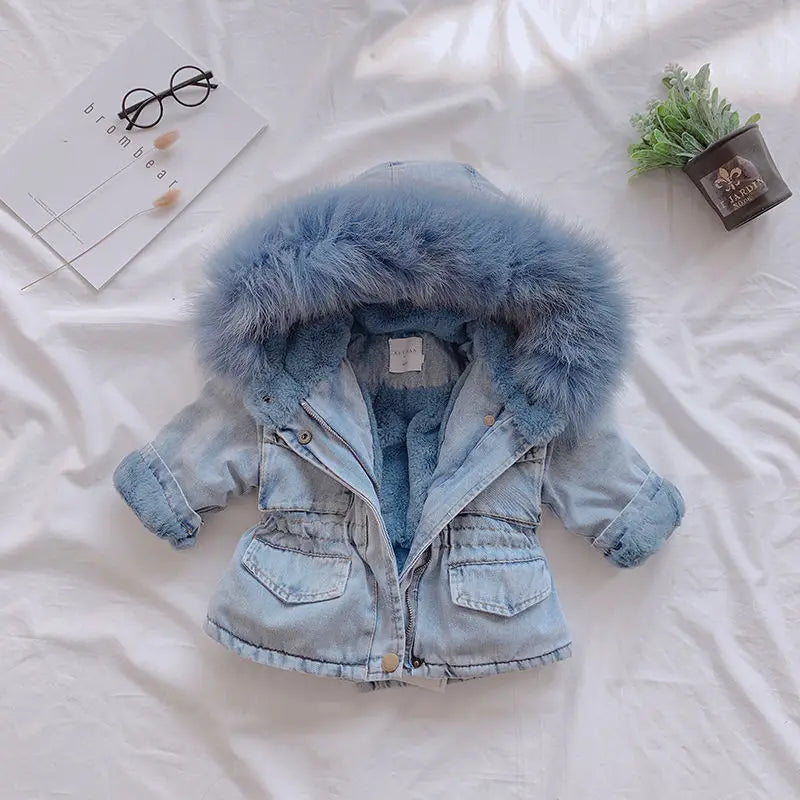 A light blue denim jacket with a fluffy blue faux fur collar lying on a white sheet.