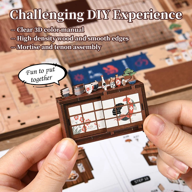 Hands assembling a wooden miniature Japanese izakaya dollhouse kit featuring wood and tenon assembly.