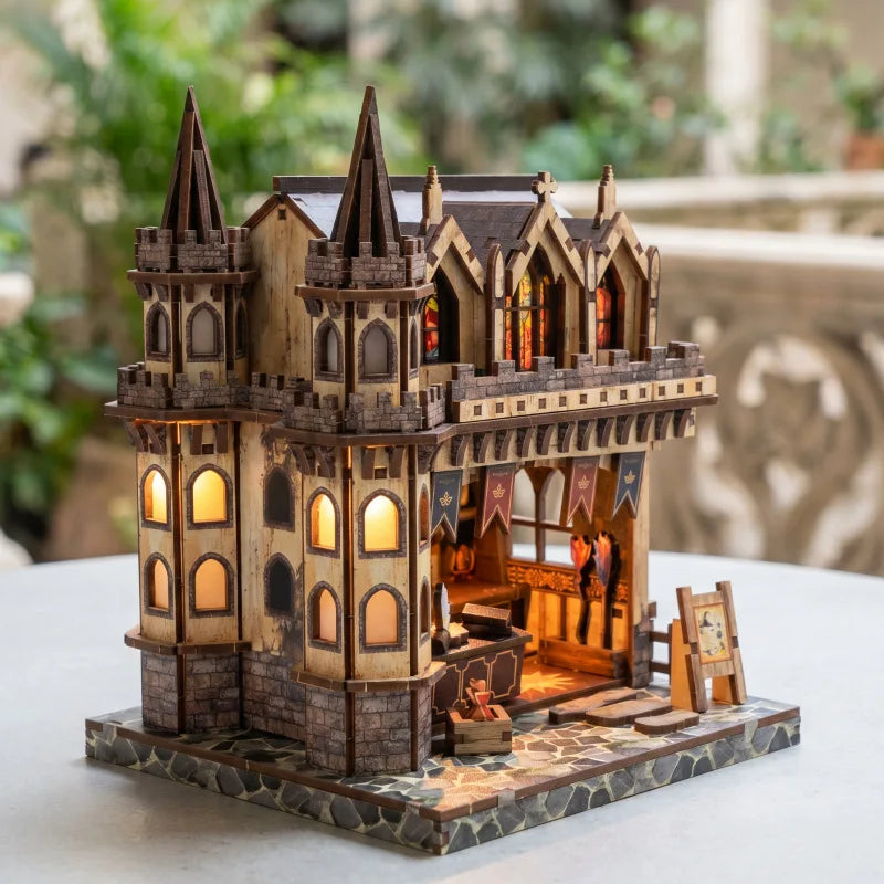A detailed wooden miniature kit of a magic store cottage with furniture and architectural features.