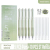 A set of five green Macha pens and ten stainless steel refills for quick drying gel pens