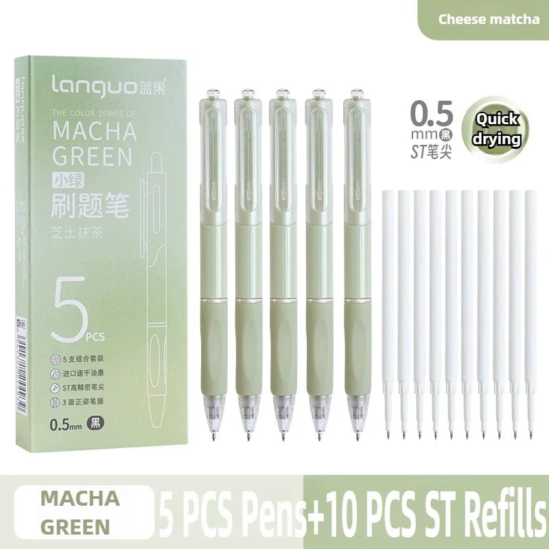 A set of five green Macha pens and ten stainless steel refills for quick drying gel pens