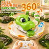 A green crocodile-shaped remote control magnetic snake toy is shown in a 360 degree driving demonstration on a wooden surface