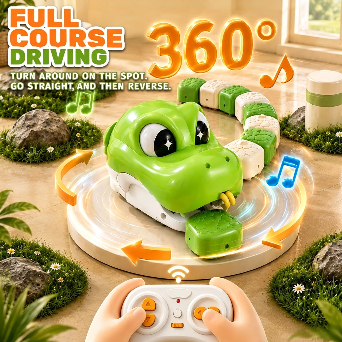 A green crocodile-shaped remote control magnetic snake toy is shown in a 360 degree driving demonstration on a wooden surface
