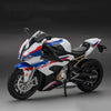 A white and blue 1:12 scale diecast sport motorcycle model with sound and light effects.